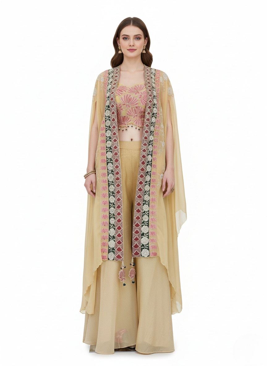 Champagne Gold Indo-Western Palazzo Set with Embroidered Cape & Crop Top