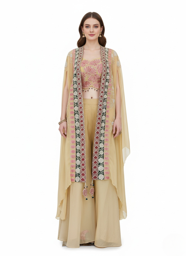 Champagne Gold Indo-Western Palazzo Set with Embroidered Cape & Crop Top