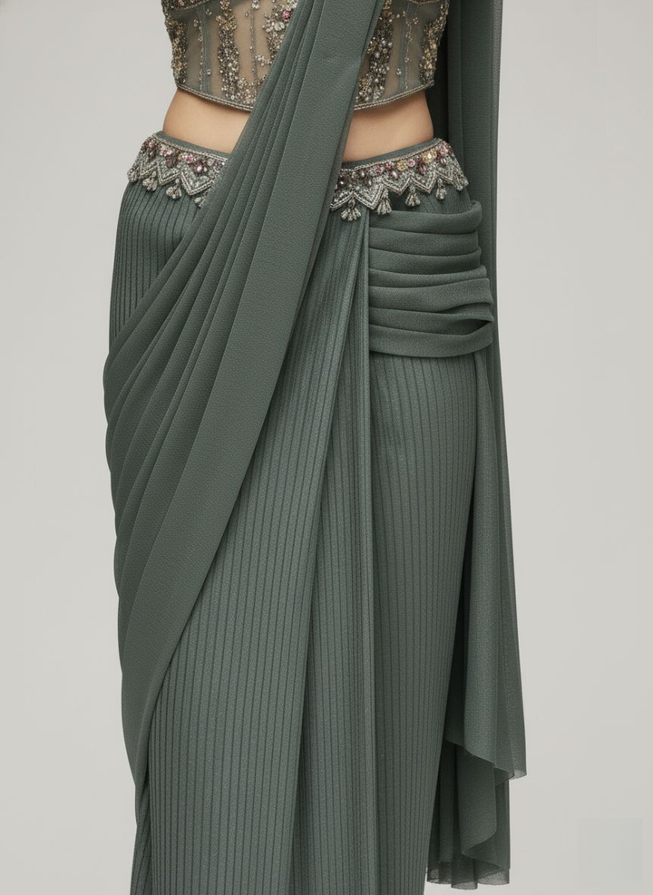 Sage Green Ready-to-Wear Saree with Hand-Embroidered Bustier