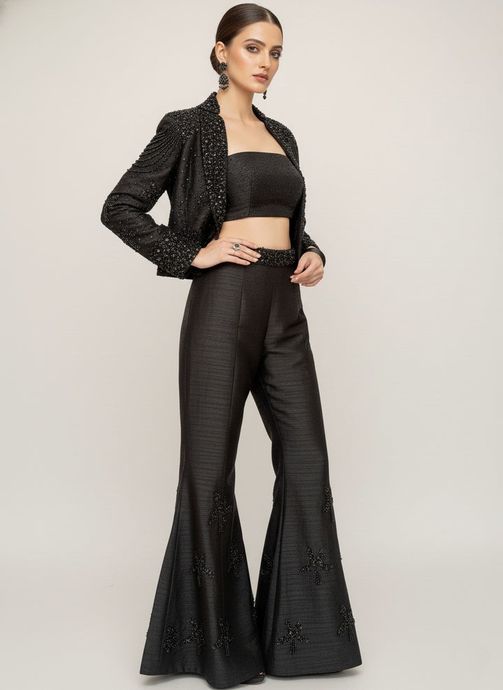 Black Embellished Jacket with Flared Palazzo Pants