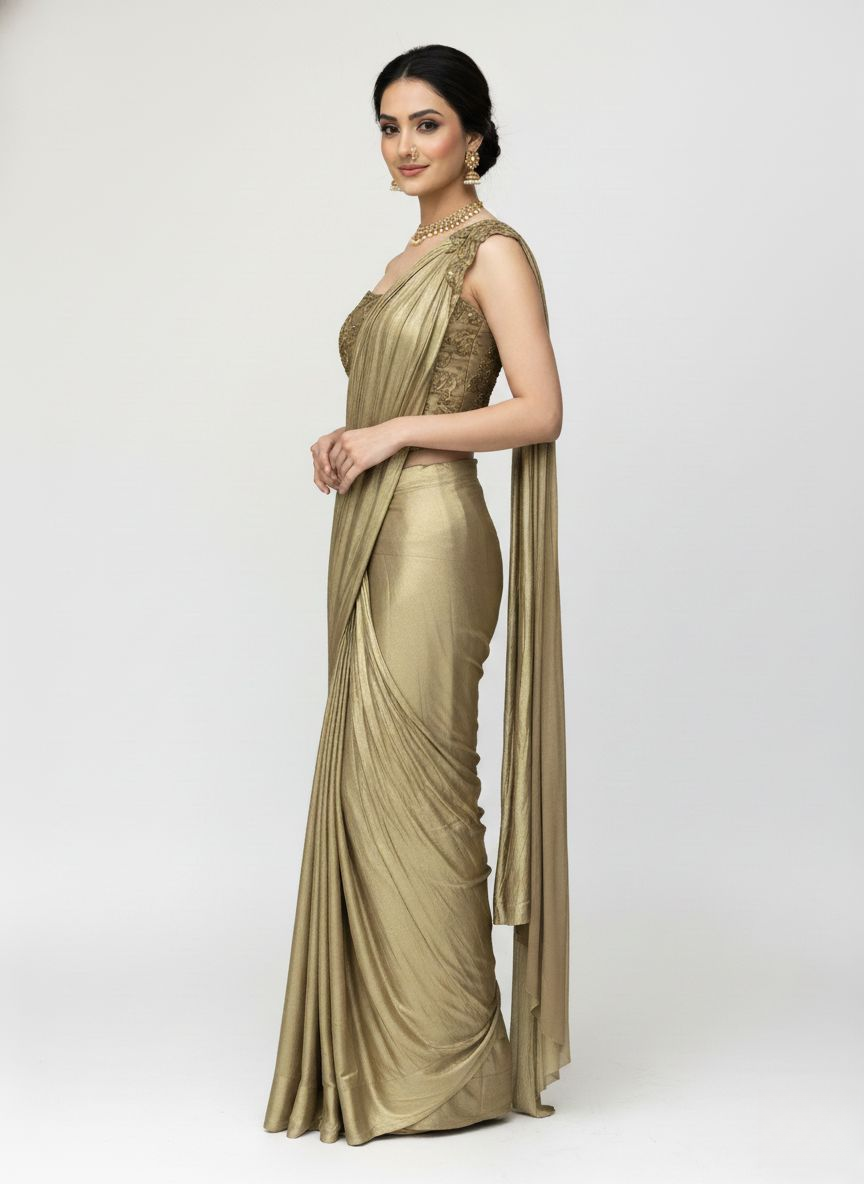 Ready to Wear Champagne Gold Drape Saree with Embroidered One-Shoulder Blouse