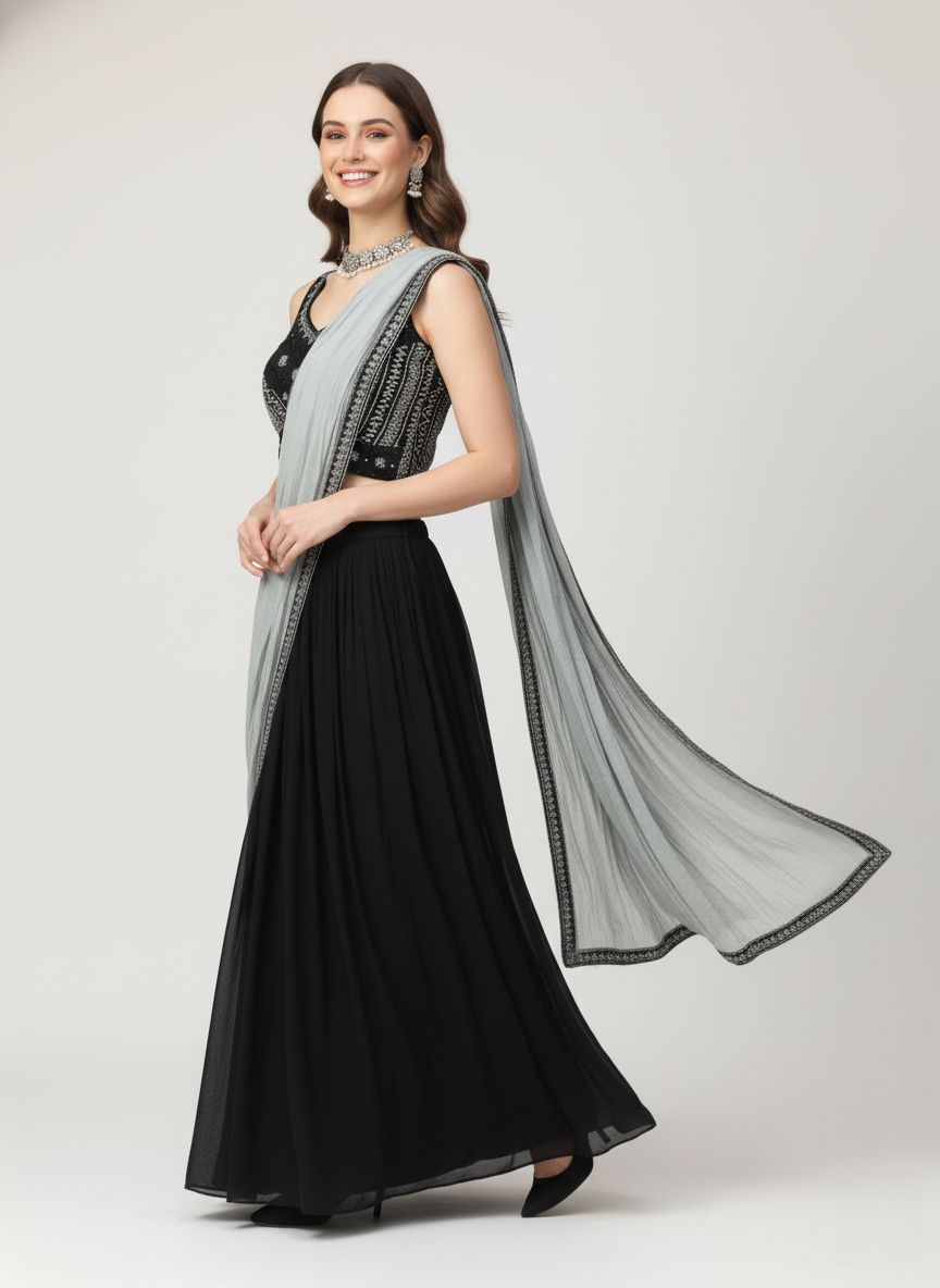 Ready to Wear Black Saree with Embellished Blouse & Contrast Grey Dupatta-Style Pallu