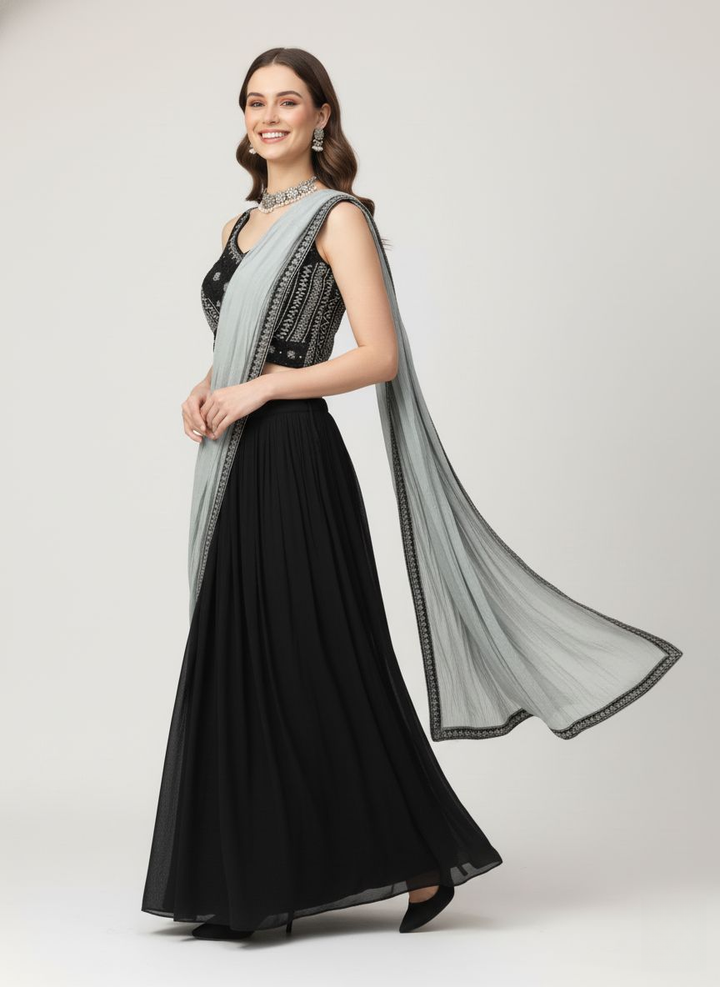 Ready to Wear Black Saree with Embellished Blouse & Contrast Grey Dupatta-Style Pallu