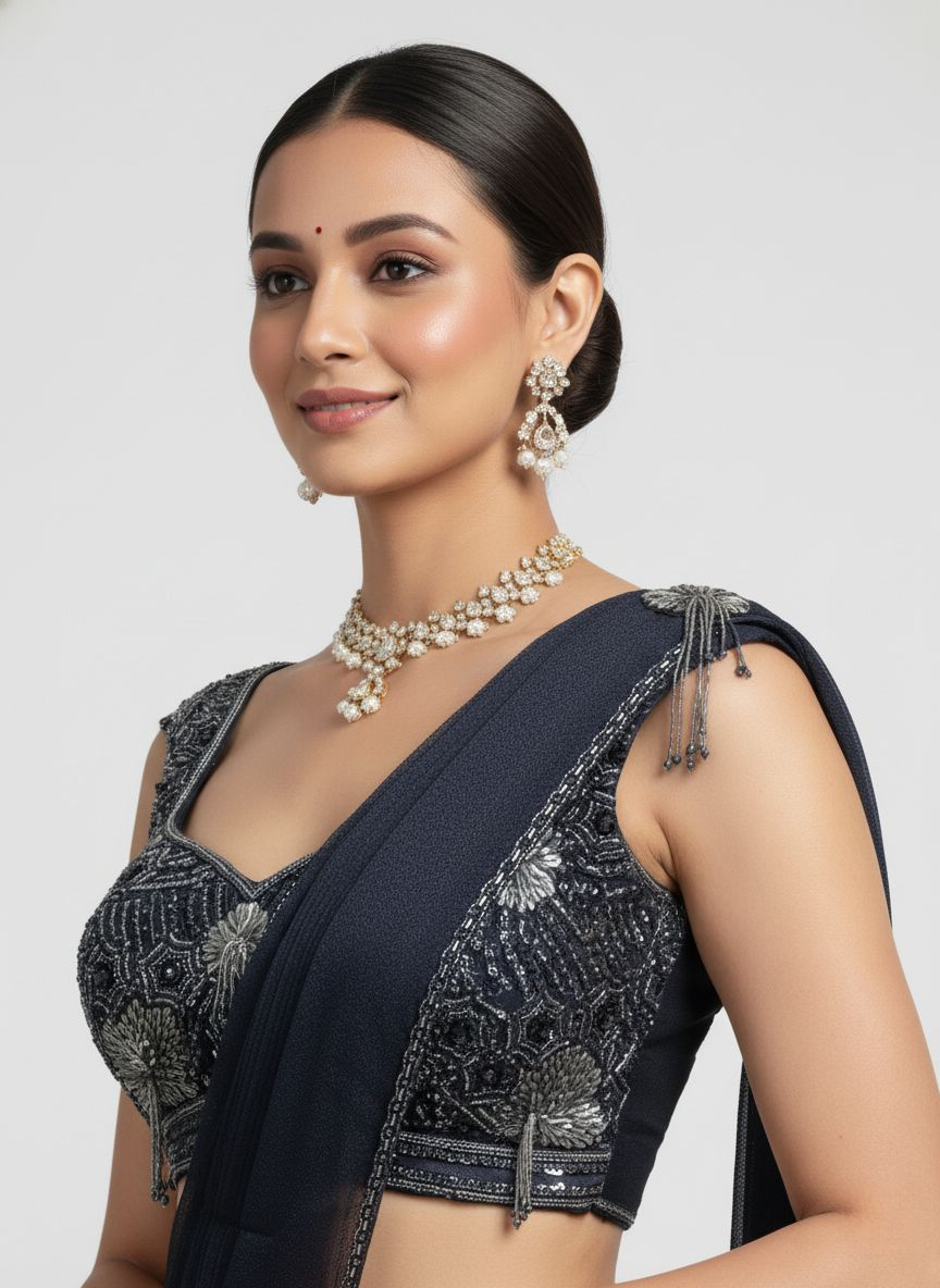 Navy Blue Ready-to-Wear Saree with Hand-Embroidered Blouse