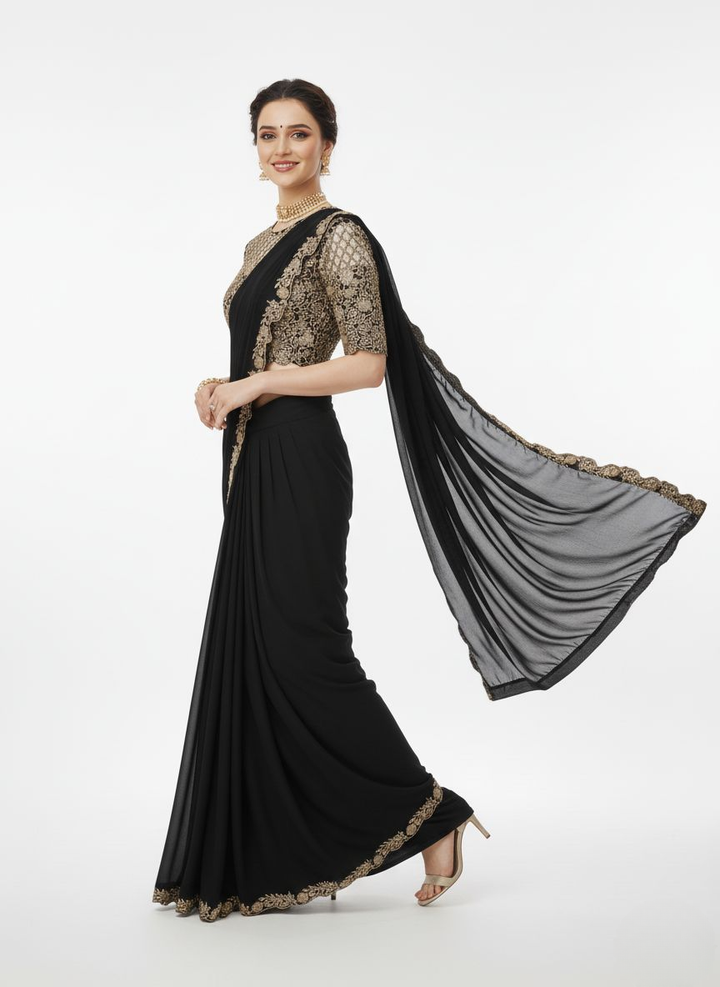 Elegant Black Embroidered Saree with Heavy Designer Blouse