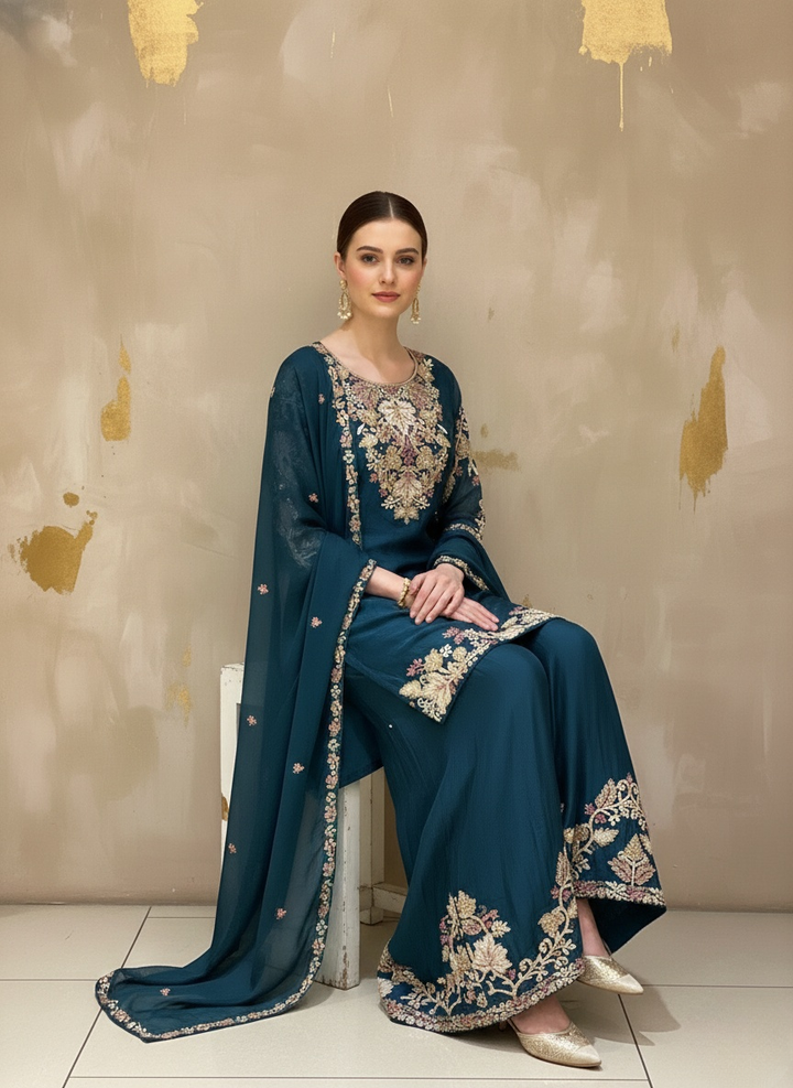 Deep Teal Embroidered Kurta Palazzo Set with Sheer Dupatta