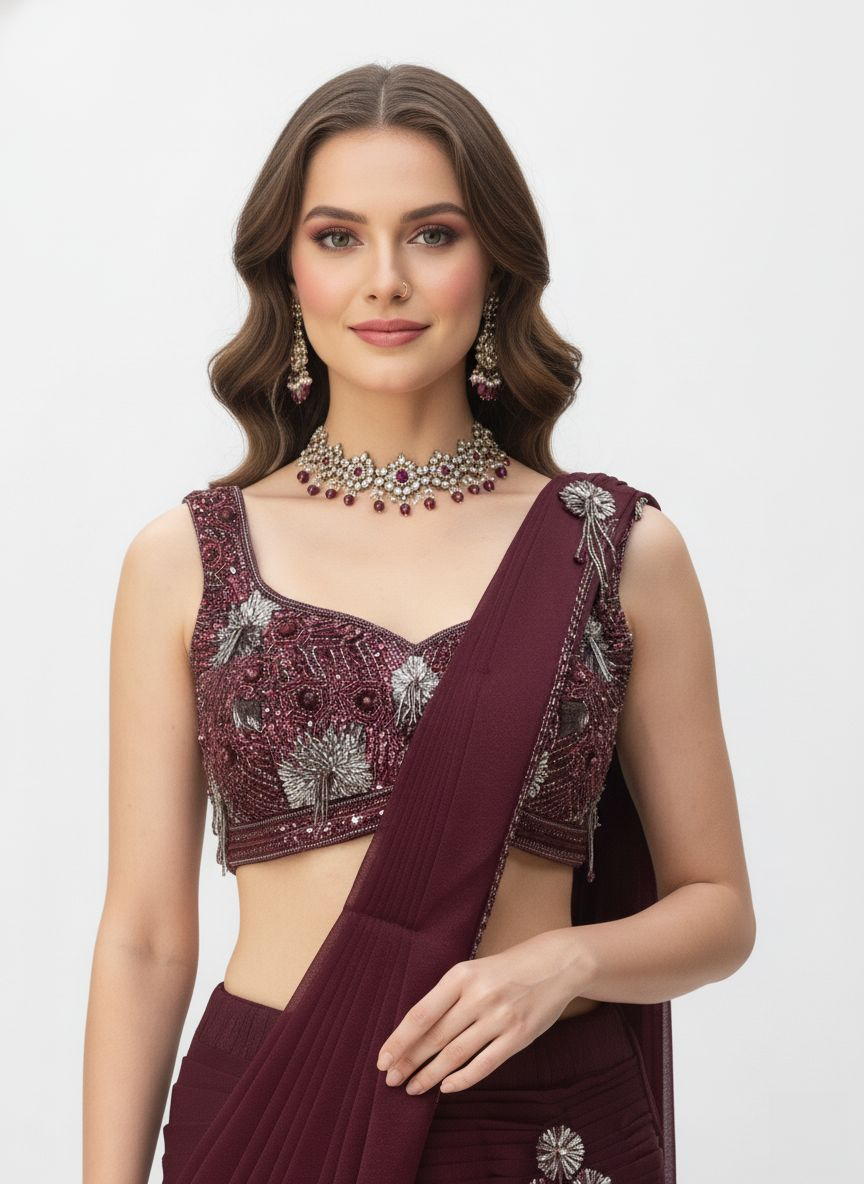 Wine Ready-to-Wear Pre-Draped Saree with Hand-Embroidered Blouse