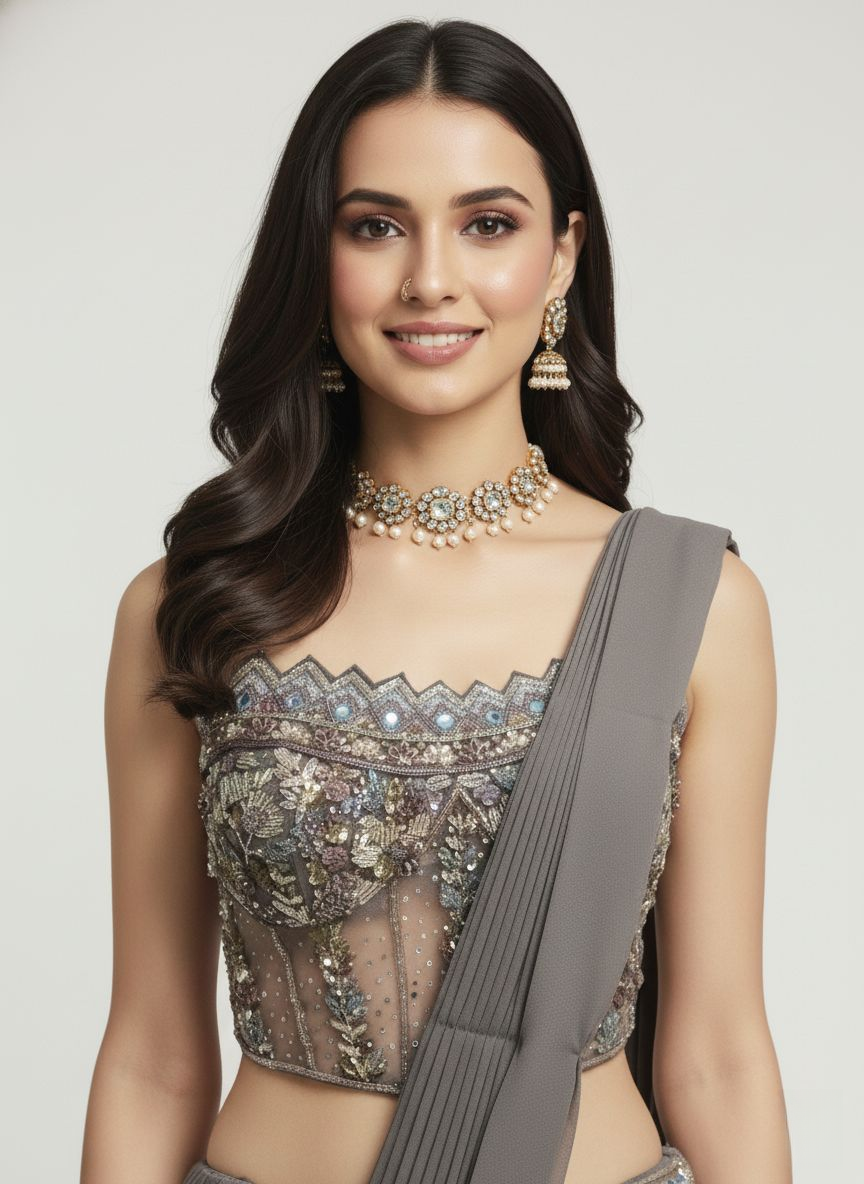 Smokey Grey Ready-to-Wear Pre-Draped Saree with Hand-Embroidered Bustier