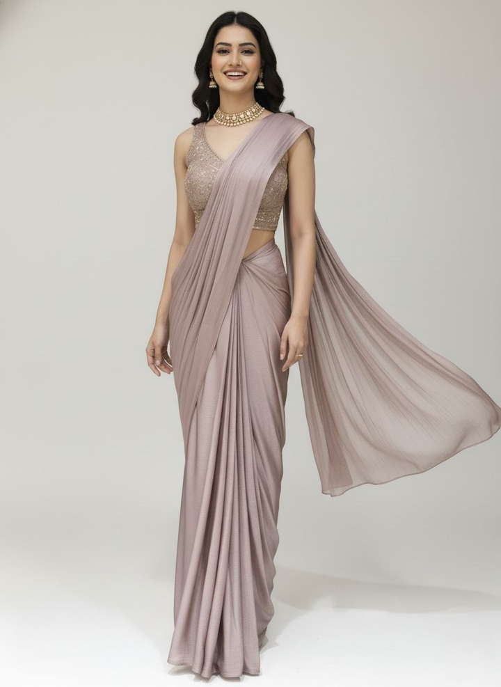 Ready to Wear Dusty Rose Pleated Saree with Embroidered Blouse