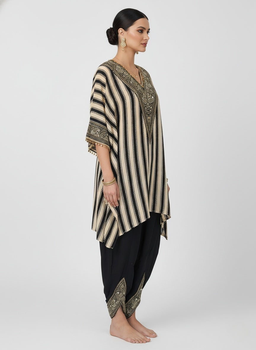 Black & Ivory Striped Embellished Kaftan Kurta with Dhoti Pants