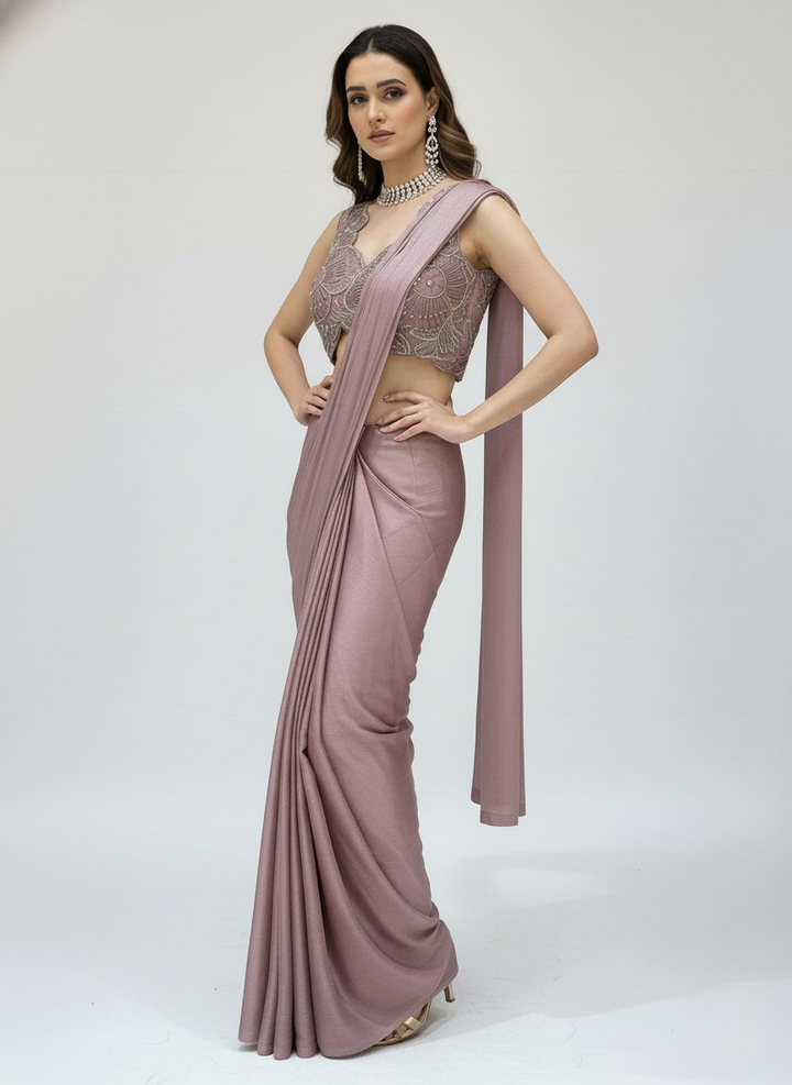 Ready to Wear Mauve Draped Saree with Hand-Embroidered Designer Blouse