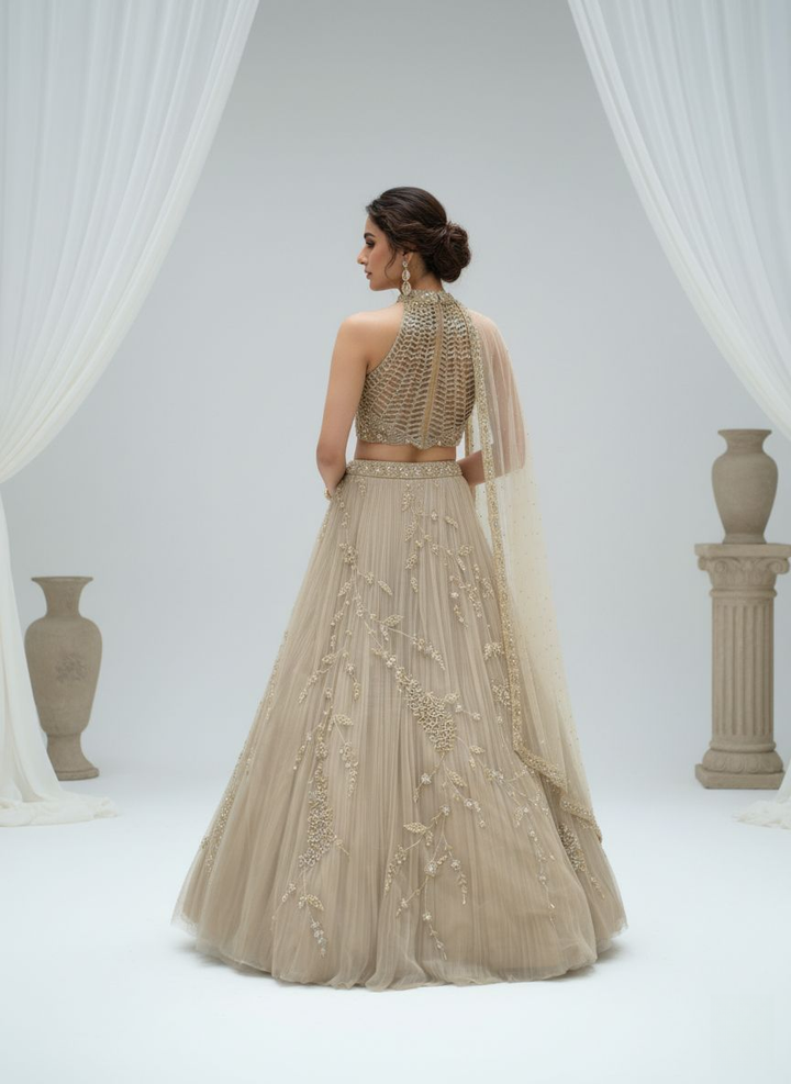 Champagne Gold Embroidered Net Lehenga Set with Cape Dupatta