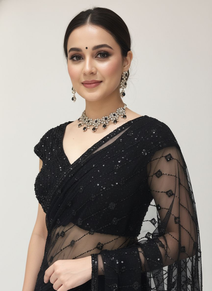 Elegant Black Sequin Embroidered Net Saree – Midnight Radiance Edition