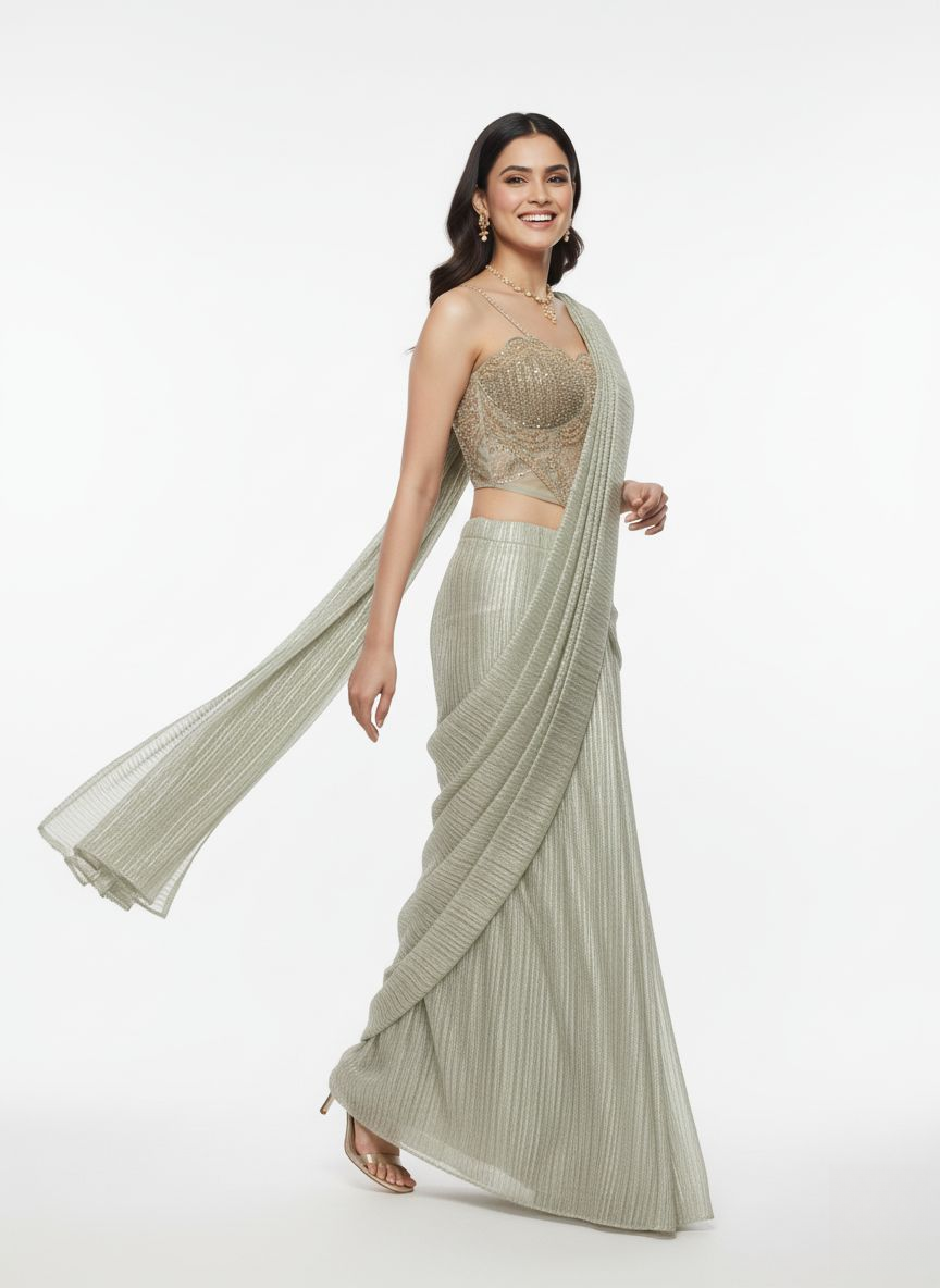 Platinum Metallic Pre-Draped Saree with Hand-Embroidered Bustier