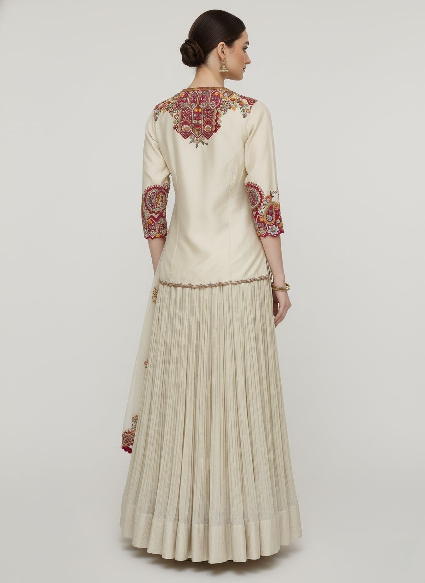 Ivory Embroidered Top with Pleated Lehenga & Dupatta Set