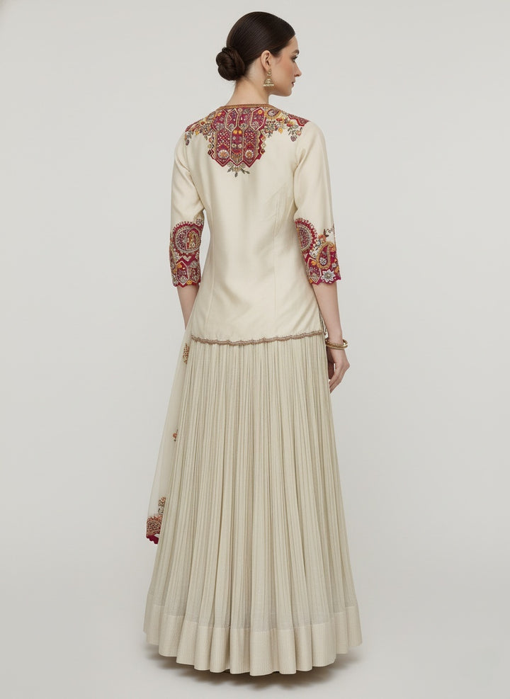 Ivory Embroidered Top with Pleated Lehenga & Dupatta Set