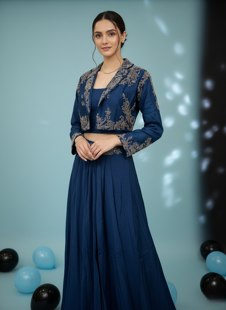 Midnight Blue Embroidered Crop Top with Jacket & Flared Skirt Set