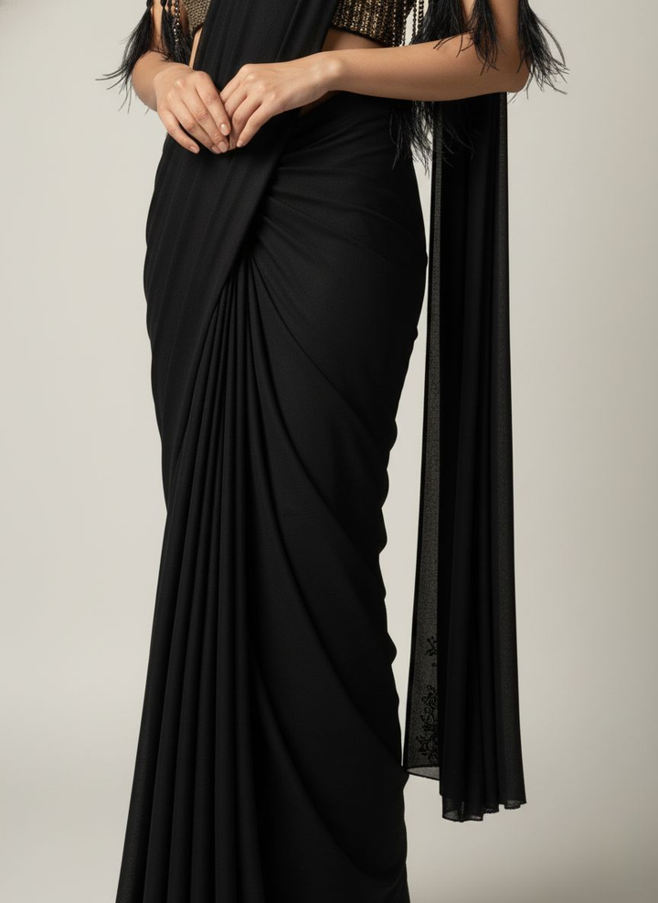 Premium Ready to Wear Black Pre-Stitched Saree with Gold Sequin Feather Sleeve Blouse
