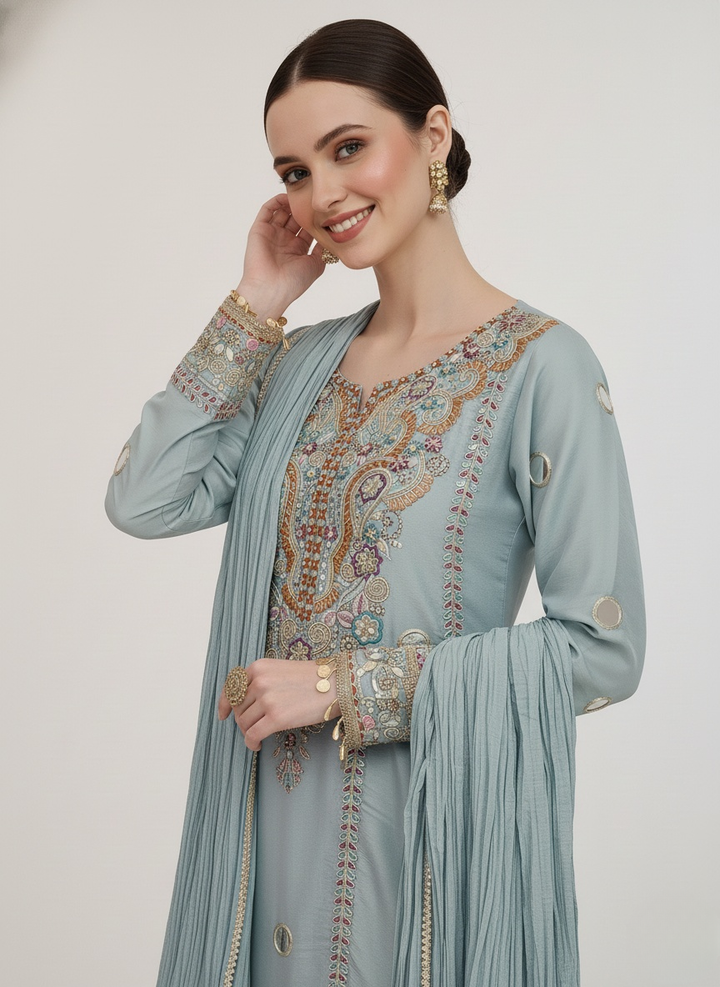 Powder Blue Embroidered Palazzo Suit with Dupatta