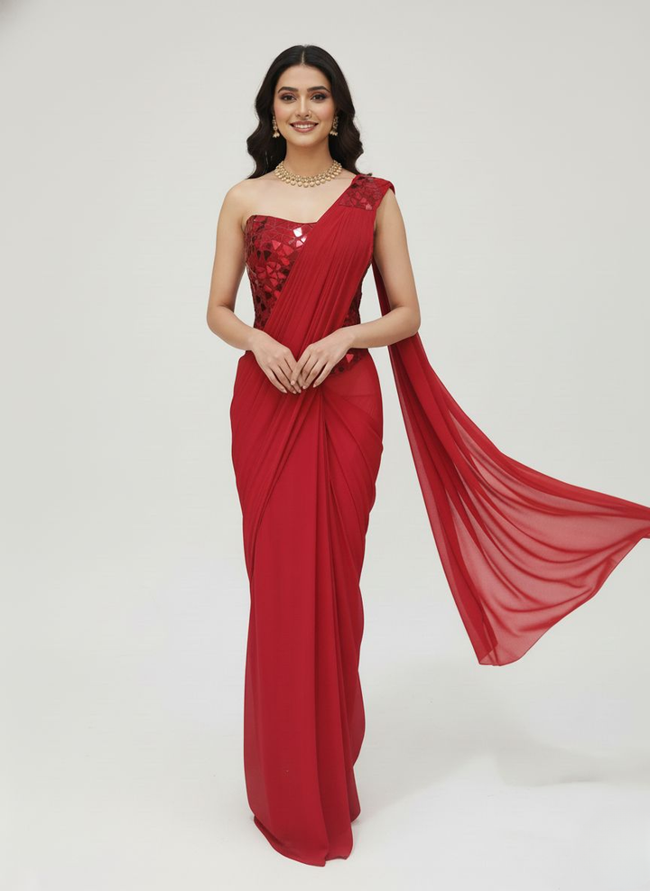 Elegant Red Ready-to-Wear Saree with Mirror-Work One-Shoulder Blouse – Party & Cocktail Wear