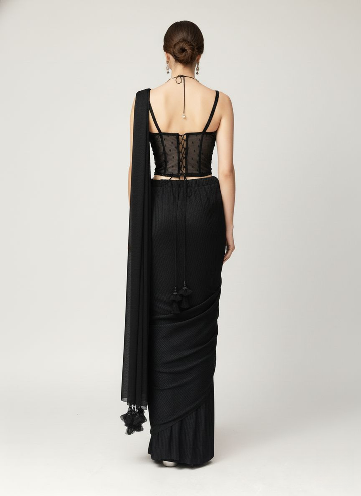 Luxury Black Ready-to-Wear Saree with 3D Floral Embroidered Blouse