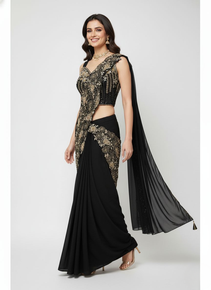 Black Designer Ready-to-Wear Saree with Heavy Gold Embellished Blouse & Drape Detailing