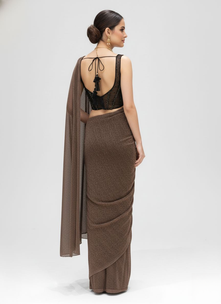 Ready to Wear Coffee Brown Shimmer Saree with Black Sequin Corset Blouse