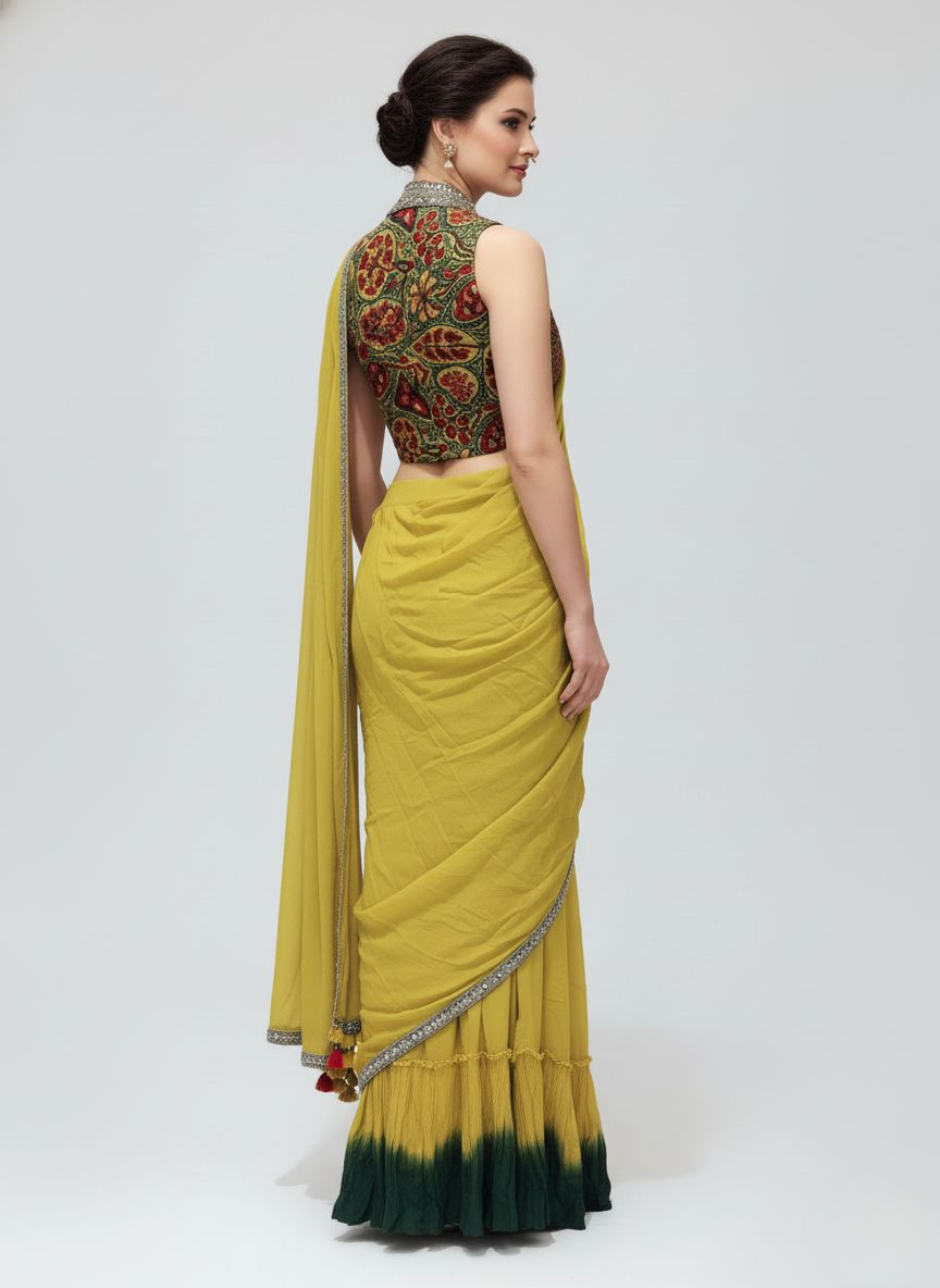 Mustard Yellow Ombre Georgette Saree with Embellished Border & Designer Blouse