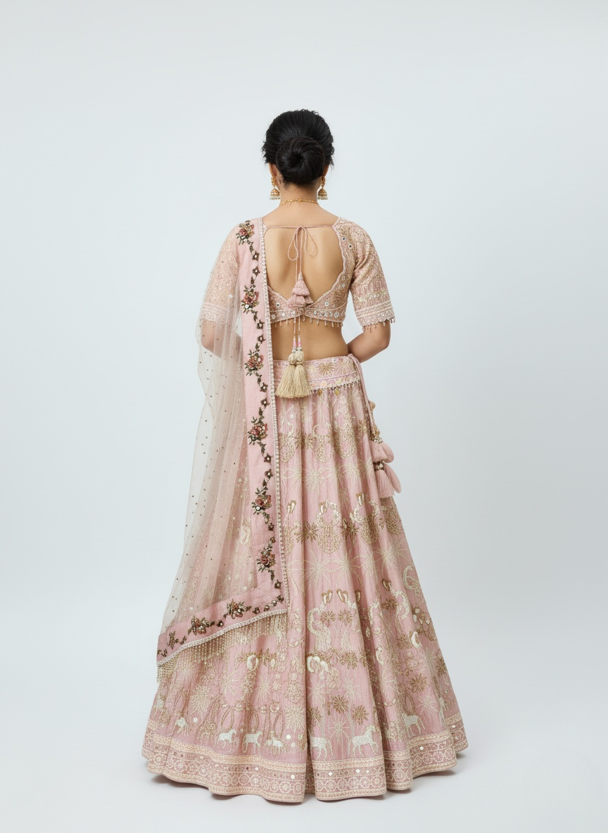 Blush Pink Hand-Embroidered Bridal Lehenga Set with Net Dupatta
