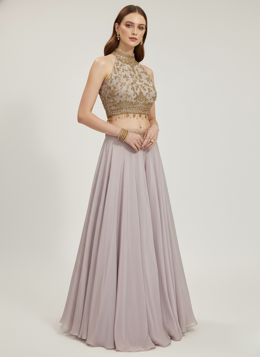 Blush Pink Crop Top Lehenga with Gold Embroidered Halter Blouse