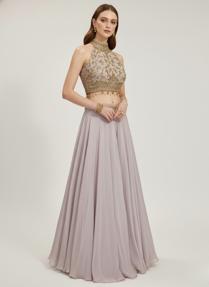 Blush Pink Crop Top Lehenga with Gold Embroidered Halter Blouse