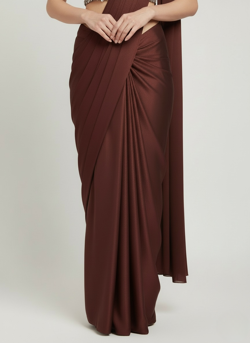 Wine Brown Pre-Draped Saree with Sequin Embellished Blouse