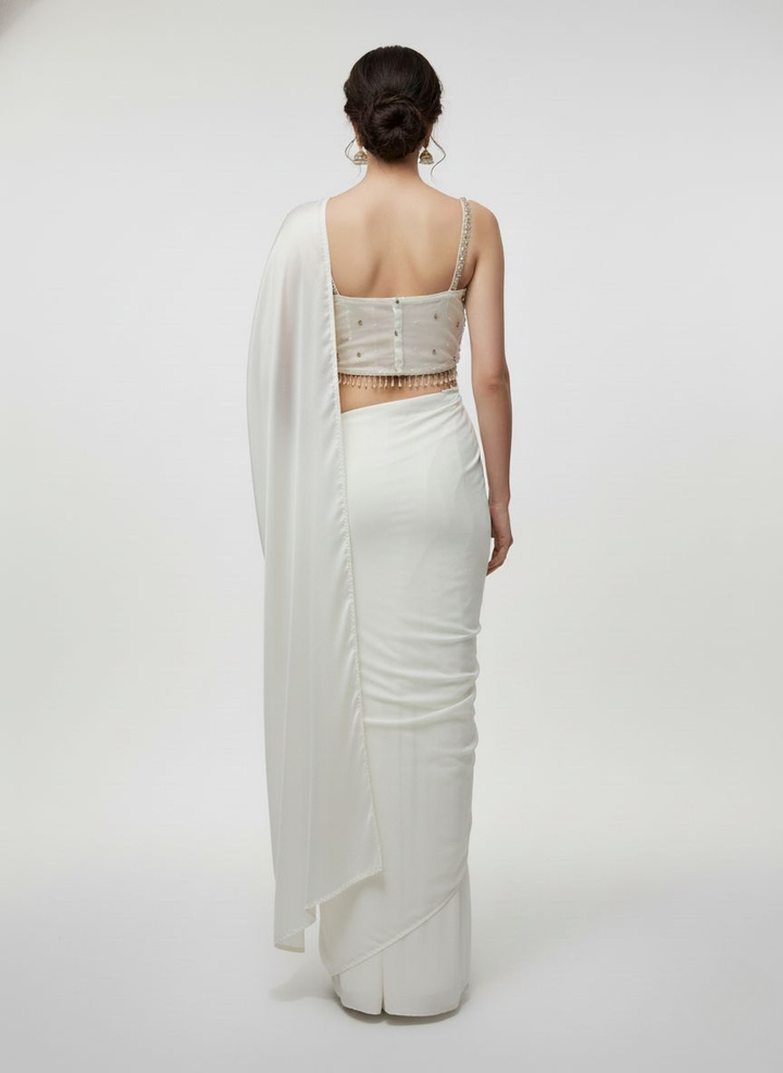 Ivory White Sequin Embellished Designer Ready to Wear Saree with Heavy Handwork Blouse