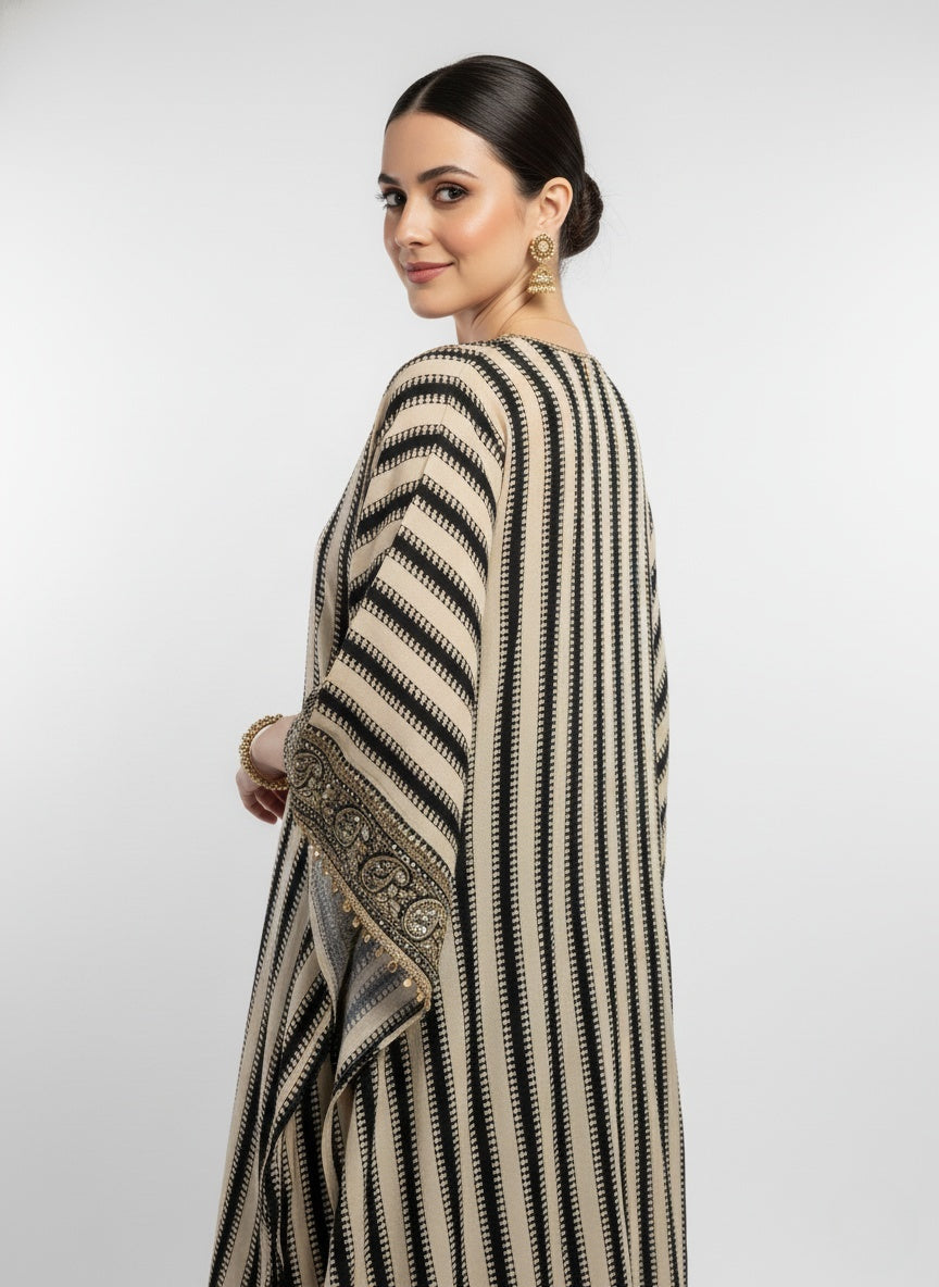 Black & Ivory Striped Embellished Kaftan Kurta with Dhoti Pants