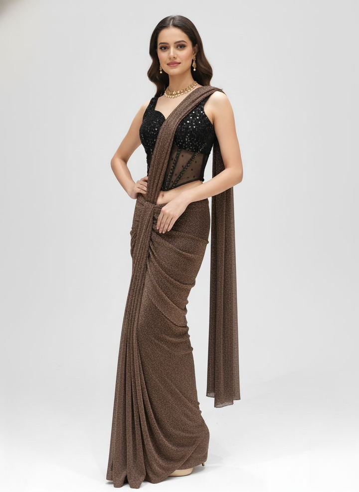 Ready to Wear Coffee Brown Shimmer Saree with Black Sequin Corset Blouse