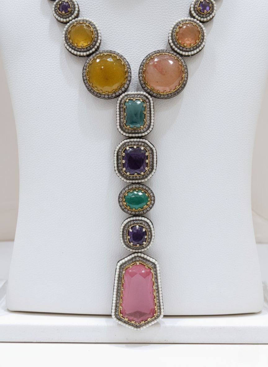 Multicolor Semi-Precious Gemstone Polki Necklace Set with Long Statement Design