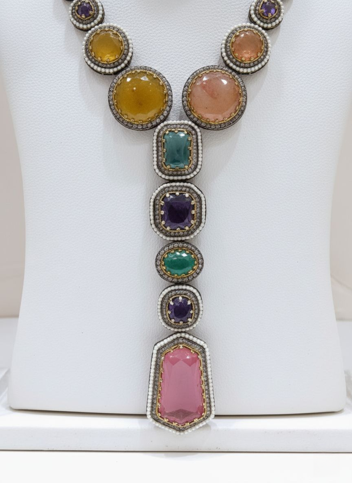 Multicolor Semi-Precious Gemstone Polki Necklace Set with Long Statement Design