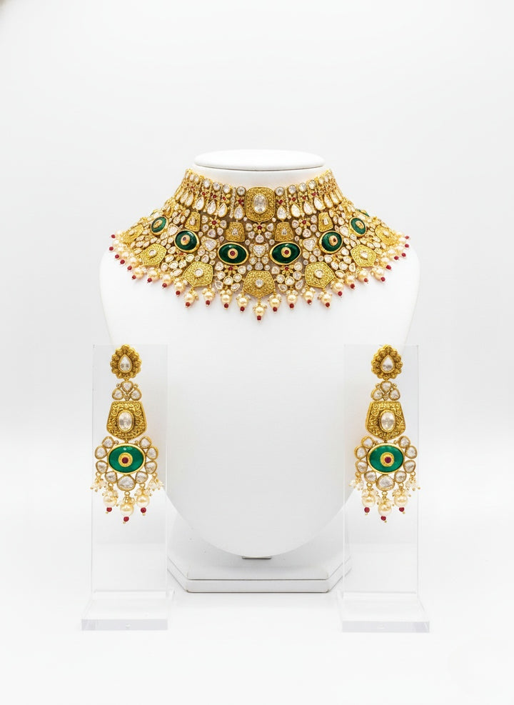 Gold & Green Heavy Bridal Kundan Choker Necklace Set with Pearls & Red Droplets