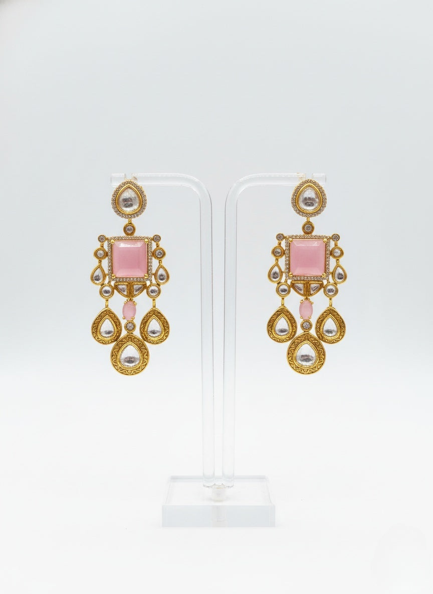 Blush Pink & Gold Kundan Bridal Necklace Set with Statement Earrings