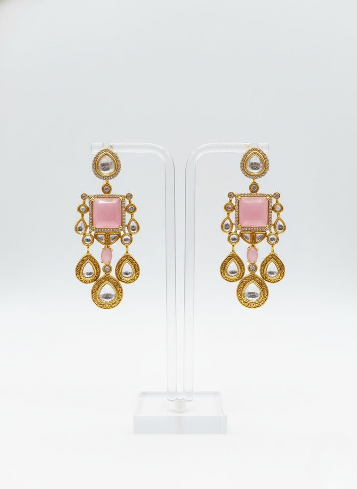 Blush Pink & Gold Kundan Bridal Necklace Set with Statement Earrings