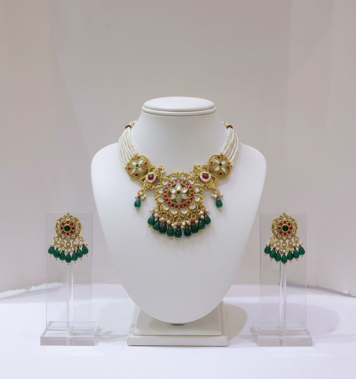 Regal Kundan & Pearl Bridal Necklace Set with Green Bead Drops – Necklace & Earrings