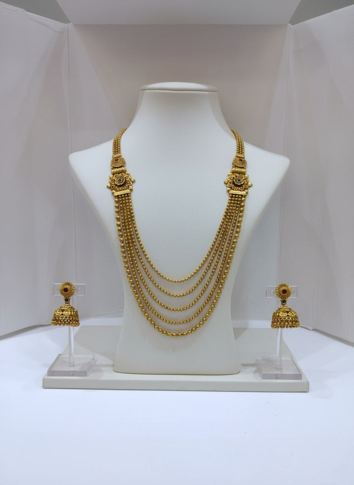 Traditional Gold Beaded Haram with Layered Chains & Jhumka Earrings