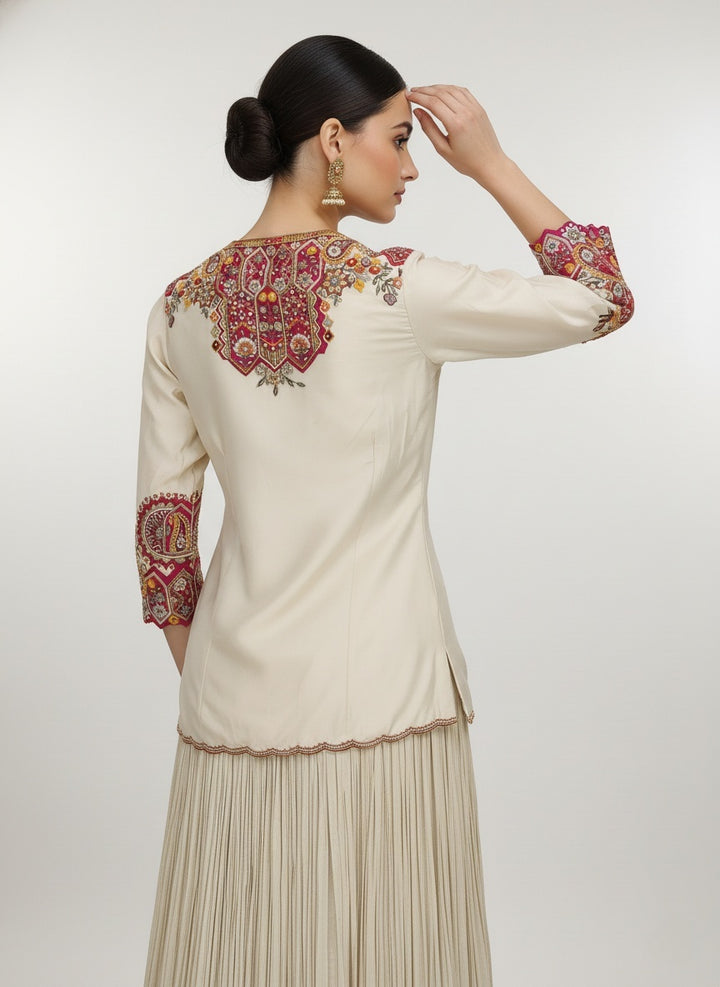 Ivory Embroidered Top with Pleated Lehenga & Dupatta Set