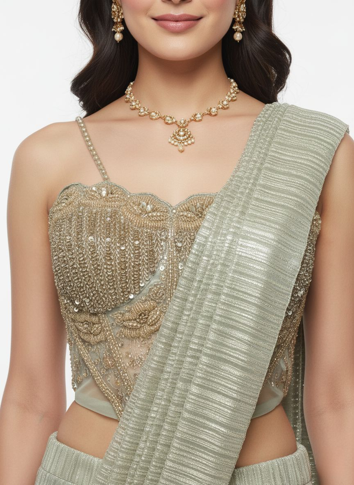 Platinum Metallic Pre-Draped Saree with Hand-Embroidered Bustier
