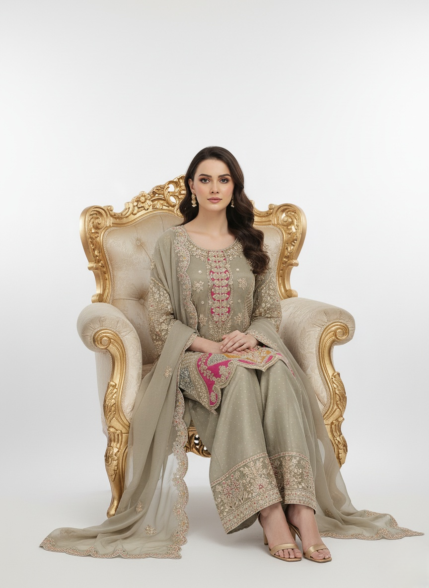 Taupe Beige Embroidered Kurta Palazzo Set with Scalloped Net Dupatta
