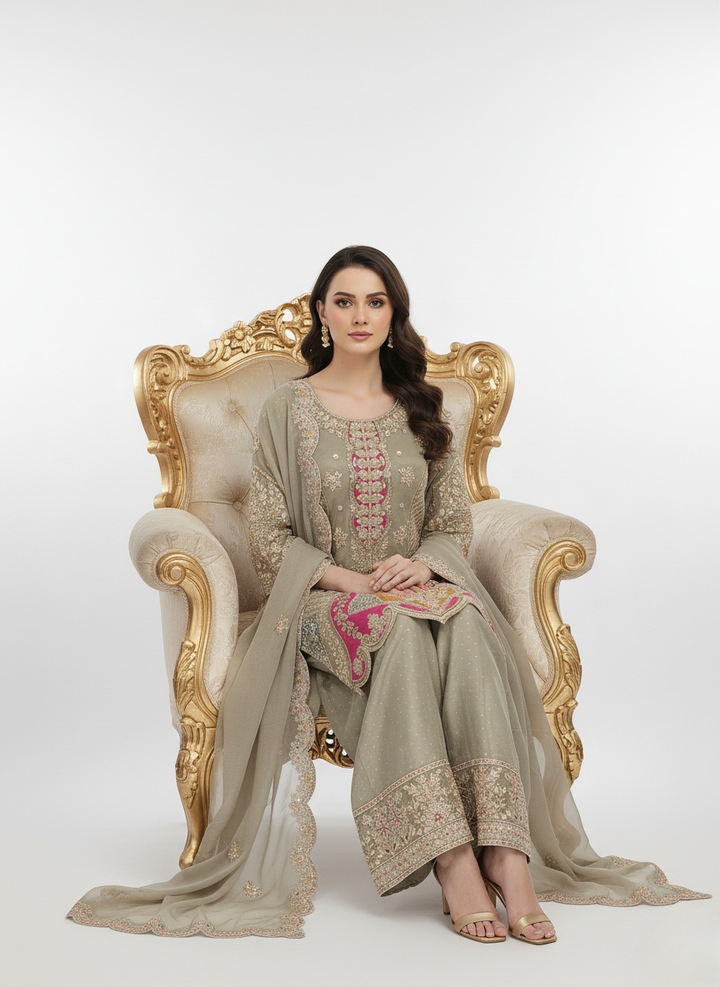 Taupe Beige Embroidered Kurta Palazzo Set with Scalloped Net Dupatta