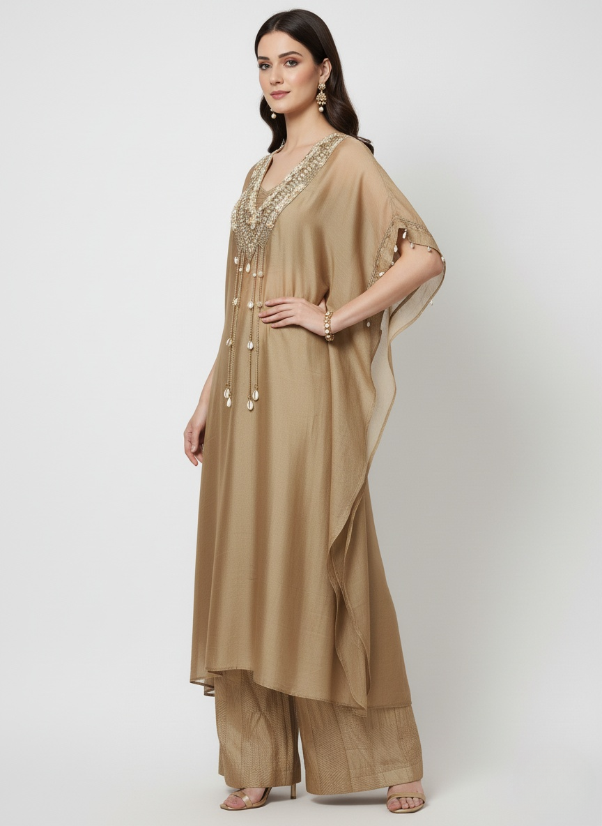 Golden Beige Embellished Kaftan Kurta with Palazzo Pants – Indo-Western Festive Set