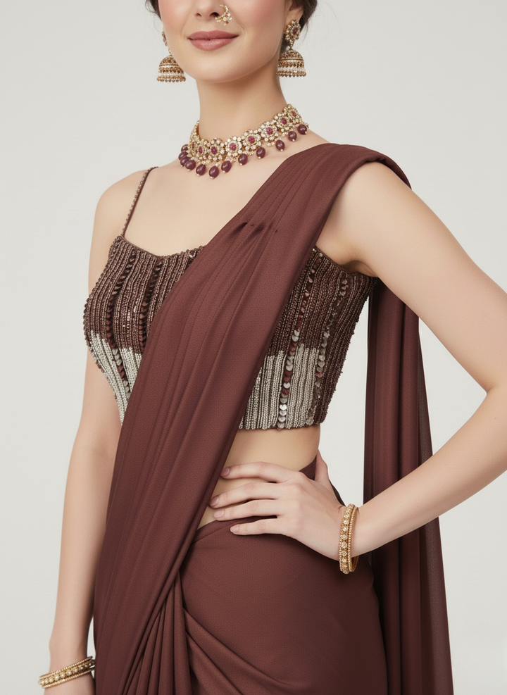 Wine Brown Pre-Draped Saree with Sequin Embellished Blouse