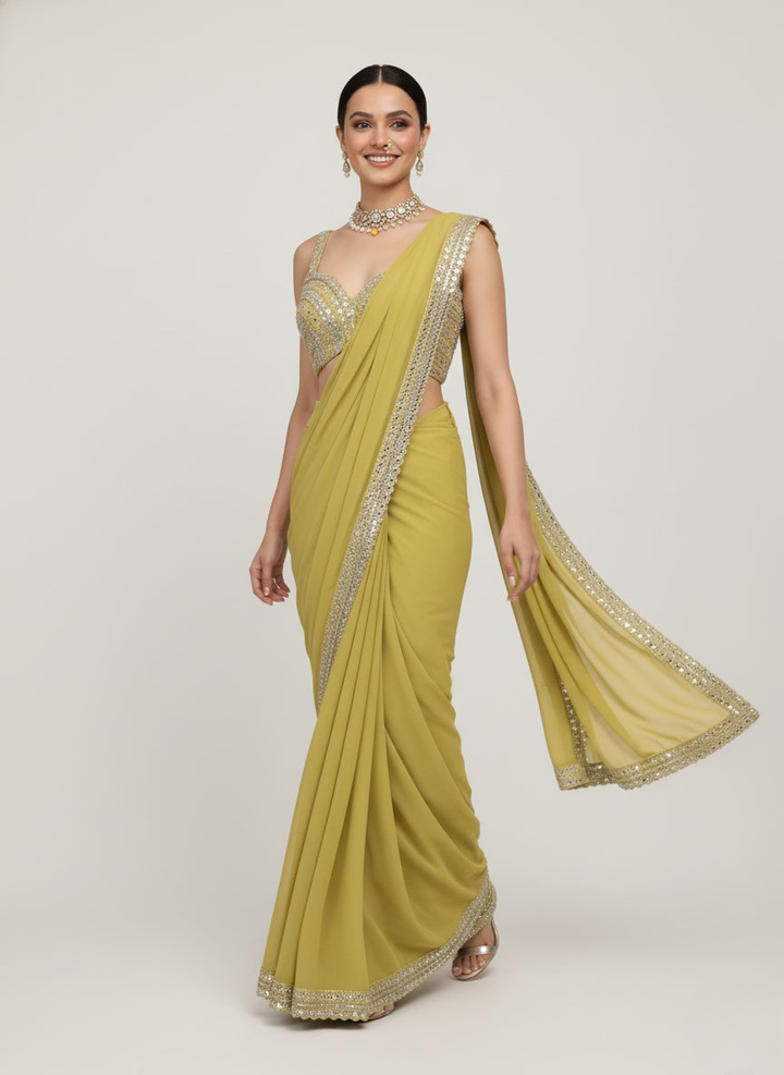 Olive Green Sequin Border Designer Ready to Wear Saree with Embellished Blouse