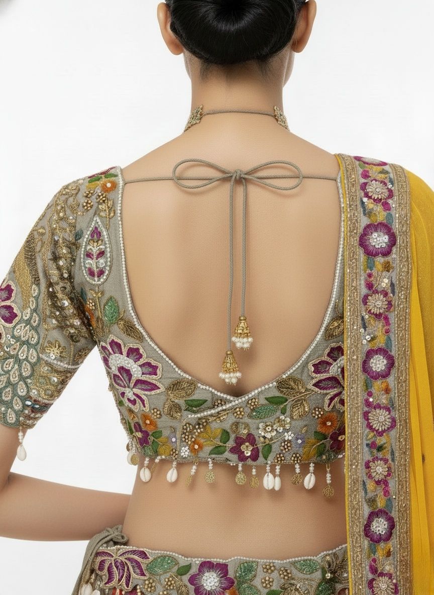 Multicolor Patchwork Embroidered Lehenga Set with Mustard Yellow Dupatta